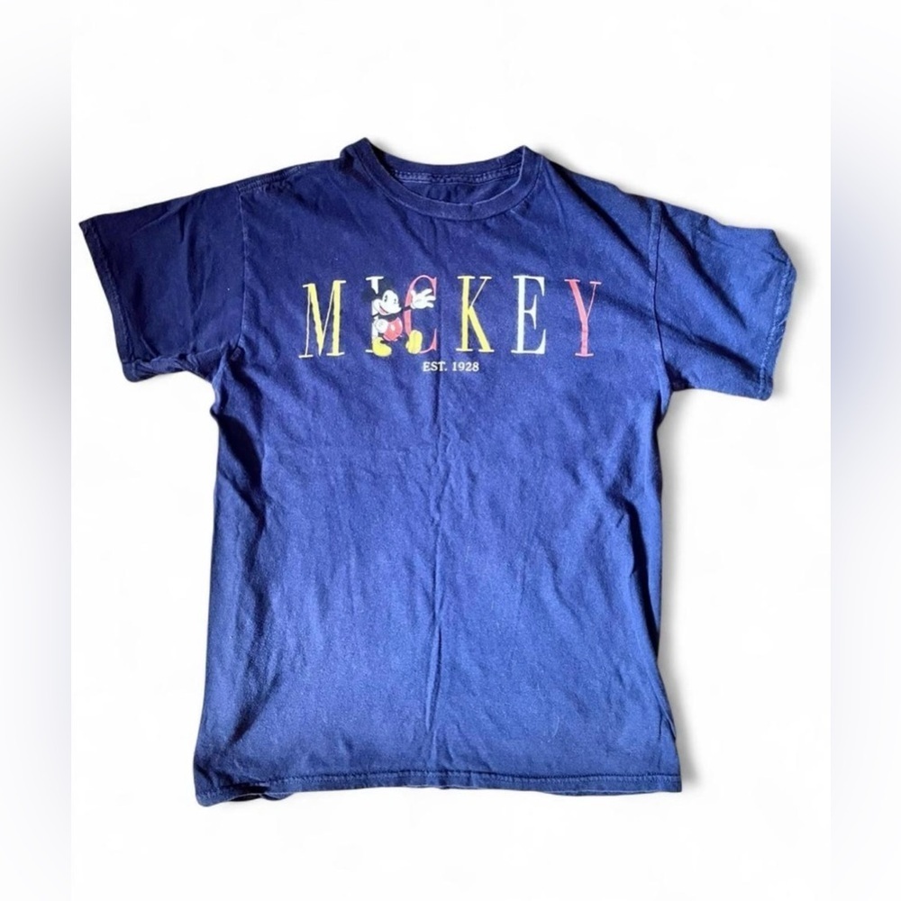 Disney Mickey Mouse Est. 1928 Graphic Print Text T-Shirt Size Small EUC Blue